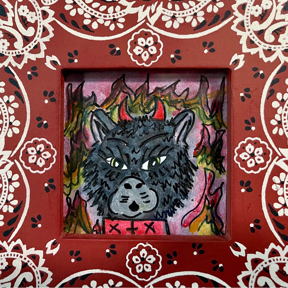 Devil Cat Folk Art in a Bandana Print Frame, Original One-of-a-Kind